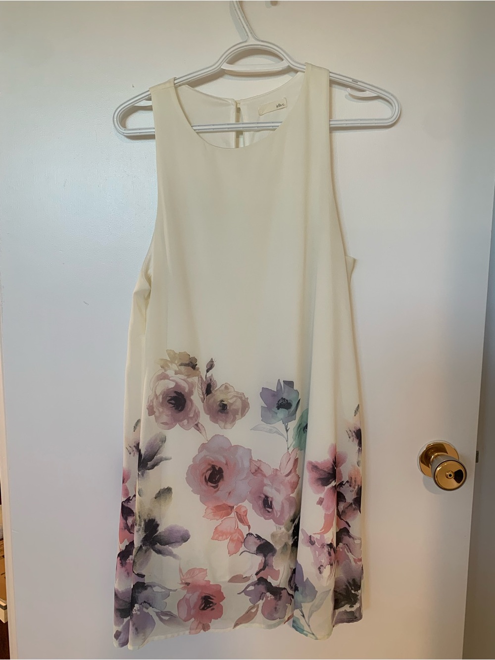 Sleeveless Cream Midi Dress with Watercolor Floral Hem